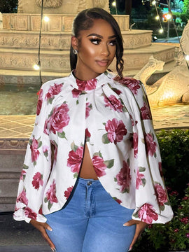 Blusa de manga larga con cuello alto y estampado floral para mujer
