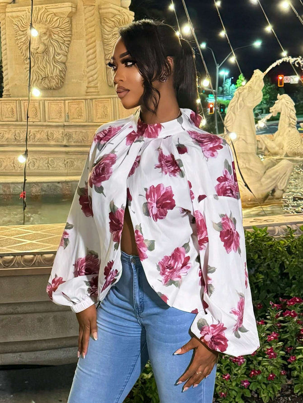 Blusa de manga larga con cuello alto y estampado floral para mujer
