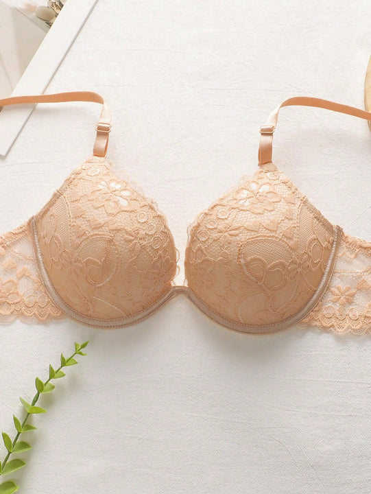 2 piezas de sujetadores con aros de encaje floral rojo/albaricoque con efecto push-up para mujer, ropa interior femenina con cierre trasero para busto/pecho pequeno, lenceria sexy y de unicolor para pechos pequenos, sosten de apoyo con tirantes