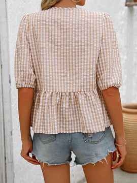 Camisa con mangas abullonadas, frente de lazo y estampado a cuadros casual para mujeres, ideal para vacaciones