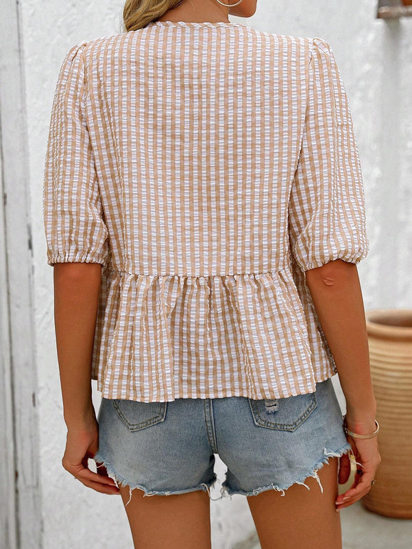 Camisa con mangas abullonadas, frente de lazo y estampado a cuadros casual para mujeres, ideal para vacaciones