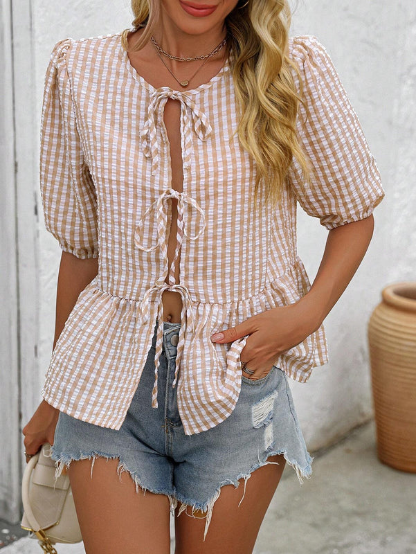 Camisa con mangas abullonadas, frente de lazo y estampado a cuadros casual para mujeres, ideal para vacaciones