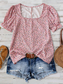 Blusa casual con mangas abullonadas y estampado floral para mujeres