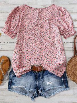 Blusa casual con mangas abullonadas y estampado floral para mujeres