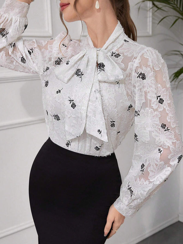 Blusa elegante de manga farol con cuello con recorte, nudo delantero y estampado floral diminuto para primavera/otono