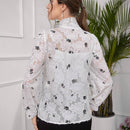 Blusa elegante de manga farol con cuello con recorte, nudo delantero y estampado floral diminuto para primavera/otono