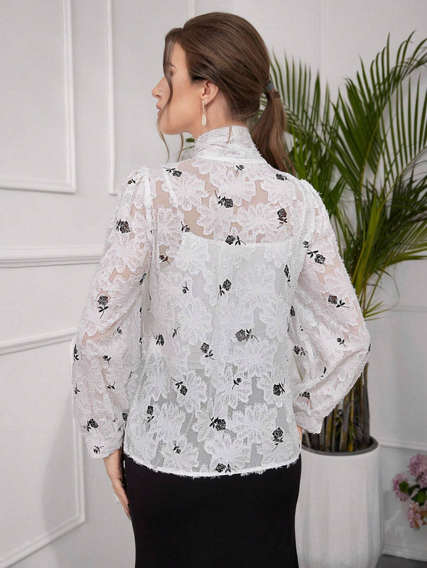 Blusa elegante de manga farol con cuello con recorte, nudo delantero y estampado floral diminuto para primavera/otono