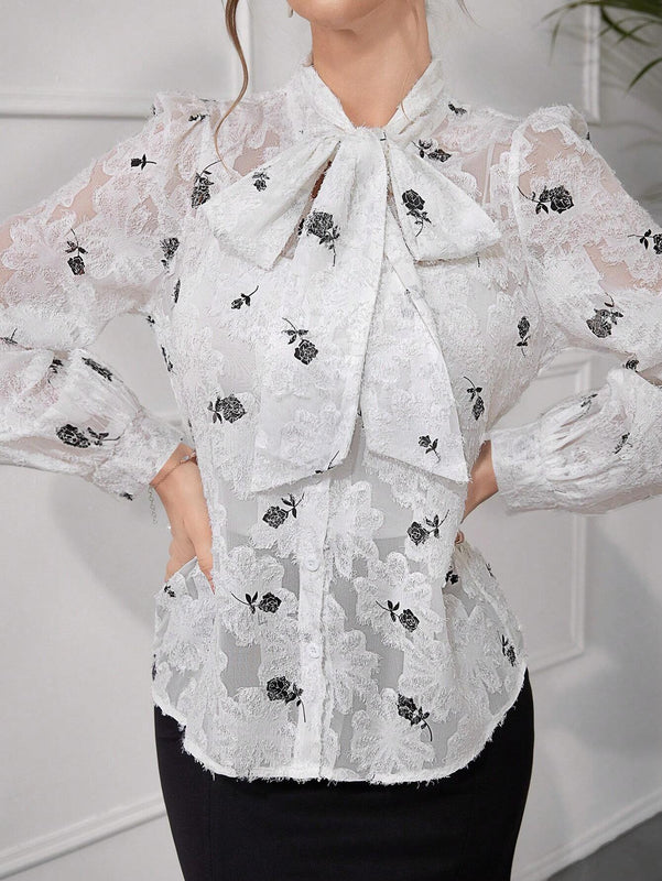 Blusa elegante de manga farol con cuello con recorte, nudo delantero y estampado floral diminuto para primavera/otono