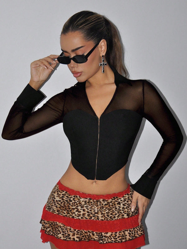 Blusa ajustada con abertura asimetrica, parches de malla y abotonada para mujer, primavera y verano
