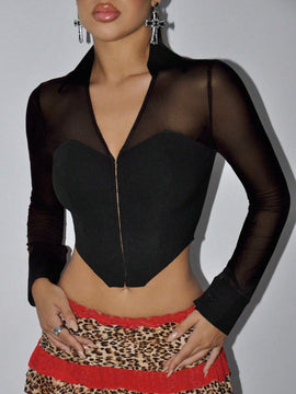Blusa ajustada con abertura asimetrica, parches de malla y abotonada para mujer, primavera y verano