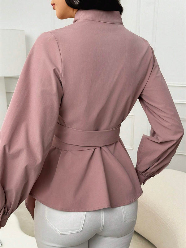 Blusa de manga farol elegante de unicolor con lazo a la cintura, primavera/otono para mujer