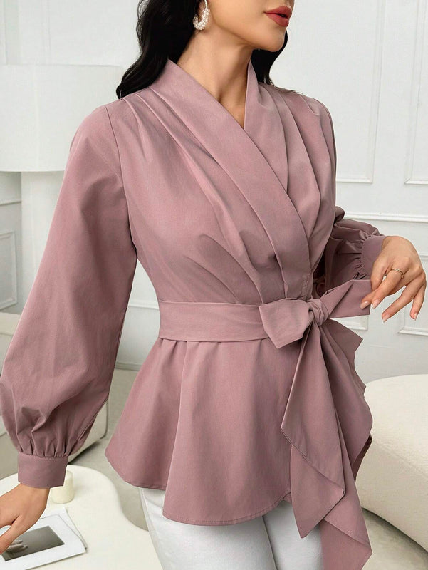 Blusa de manga farol elegante de unicolor con lazo a la cintura, primavera/otono para mujer