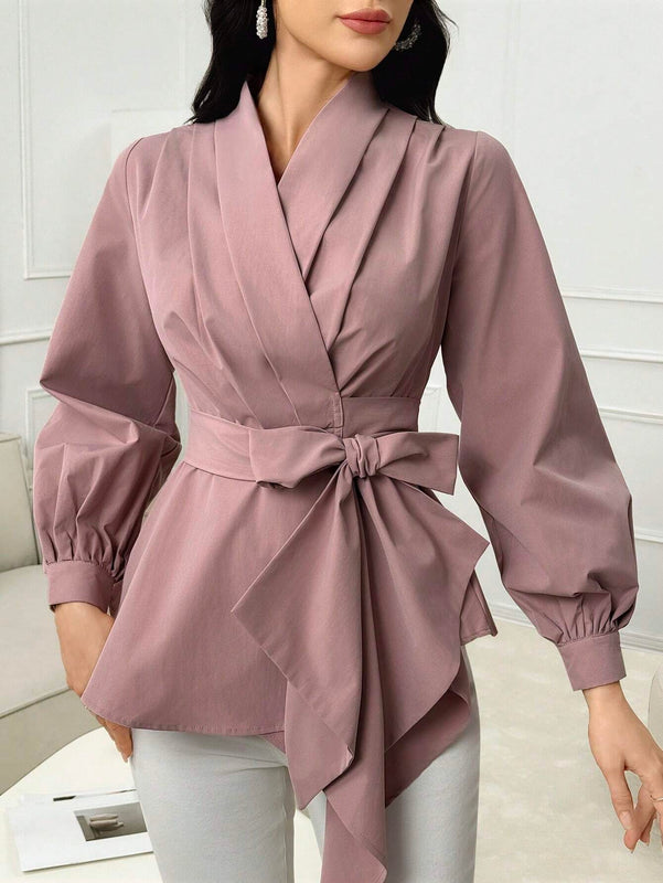 Blusa de manga farol elegante de unicolor con lazo a la cintura, primavera/otono para mujer