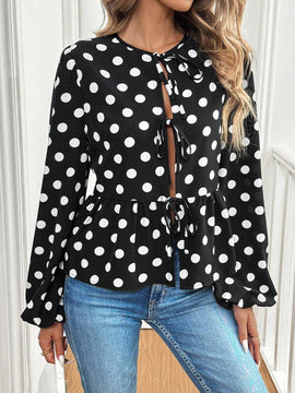 Blusa con cuello de lazo de manga larga con efecto denim azul para mujeres