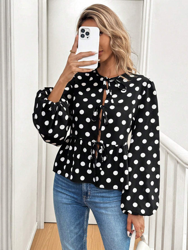 Blusa con cuello de lazo de manga larga con efecto denim azul para mujeres