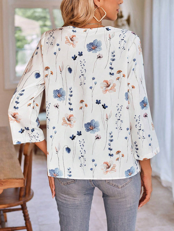 EMERY ROSE Blusa casual de manga larga con cuello en V y estampado floral para mujer