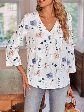 EMERY ROSE Blusa casual de manga larga con cuello en V y estampado floral para mujer