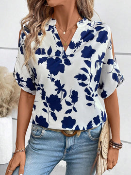 Camisa de trabajo de otono para mujeres maestras con estampado de porcelana azul y blanca