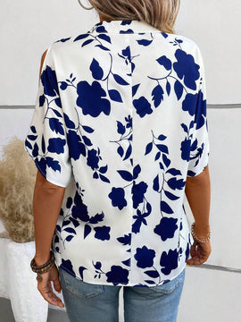 Camisa de trabajo de otono para mujeres maestras con estampado de porcelana azul y blanca