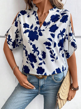Camisa de trabajo de otono para mujeres maestras con estampado de porcelana azul y blanca