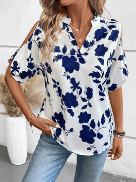 Camisa de trabajo de otono para mujeres maestras con estampado de porcelana azul y blanca