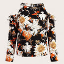 Camiseta elegante de mangas caidas y cuello redondo con ribete de volantes y estampado floral para mujer