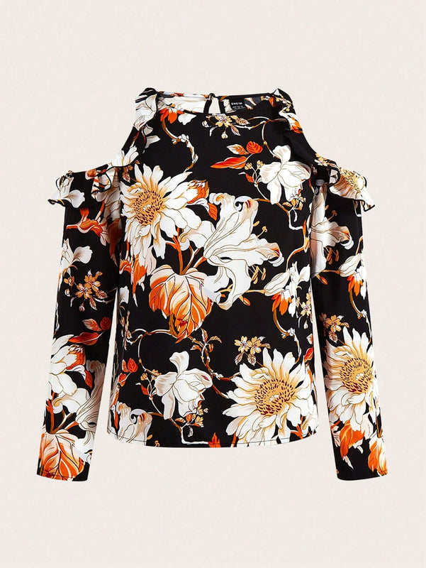 Camiseta elegante de mangas caidas y cuello redondo con ribete de volantes y estampado floral para mujer