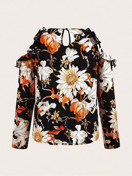 Camiseta elegante de mangas caidas y cuello redondo con ribete de volantes y estampado floral para mujer