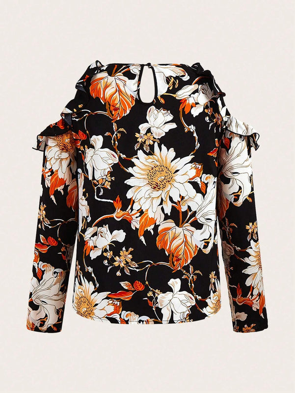 Camiseta elegante de mangas caidas y cuello redondo con ribete de volantes y estampado floral para mujer