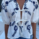 Camisa informal de manga abullonada con bordado de plantas para mujer, de verano