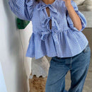 21 Camisa de punto azul claro a cuadros con mangas abullonadas y cordones, cardigan de mujer, camisa de manga abullonada, blusa de mujer con cinturon de lazo