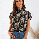 Blusa casual suelta y recta con cuello alto y espalda descubierta con estampado floral para mujer