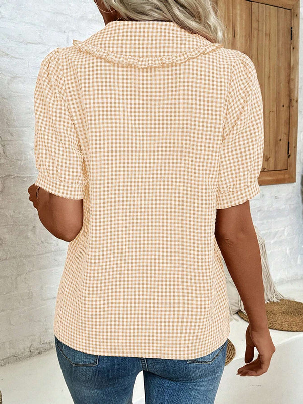 Camisa de cuello Peter Pan con ribete de volantes, manga corta con botones