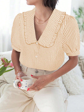 Camisa de cuello Peter Pan con ribete de volantes, manga corta con botones