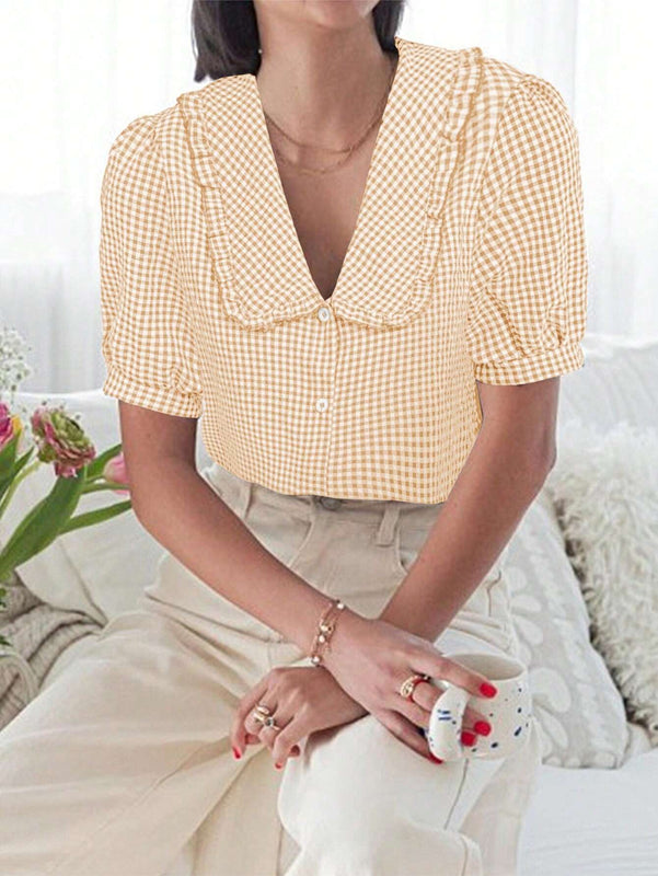 Camisa de cuello Peter Pan con ribete de volantes, manga corta con botones