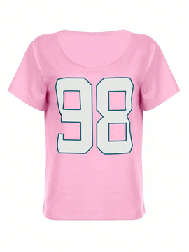 Camiseta de manga corta con estilo de calle, holgada, de cuello asimetrico, con estampado numerico, para mujer