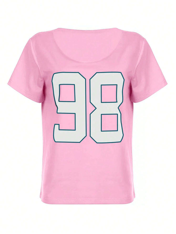 Camiseta de manga corta con estilo de calle, holgada, de cuello asimetrico, con estampado numerico, para mujer