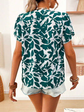 Camisa casual con estampado de plantas, cuello en V y mangas acampanadas para mujeres de vacaciones