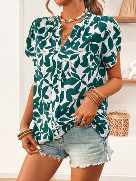 Camisa casual con estampado de plantas, cuello en V y mangas acampanadas para mujeres de vacaciones