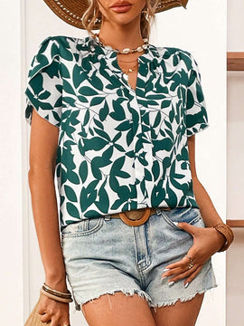 Camisa casual con estampado de plantas, cuello en V y mangas acampanadas para mujeres de vacaciones