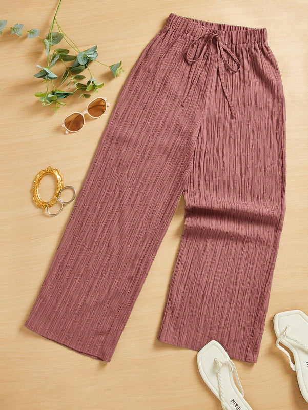 Essnce pantalones casuales de pernera ancha de 7/8 con textura y cintura anudada de unicolor para mujer