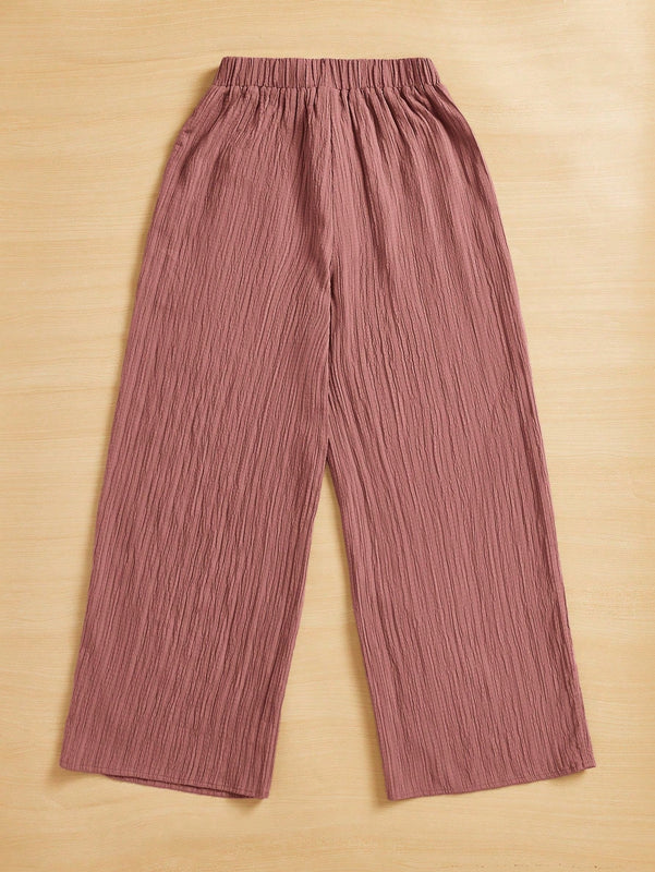 Essnce pantalones casuales de pernera ancha de 7/8 con textura y cintura anudada de unicolor para mujer