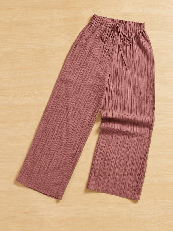 Essnce pantalones casuales de pernera ancha de 7/8 con textura y cintura anudada de unicolor para mujer
