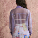Blusa transparente de manga larga con botones y panel de malla en la parte delantera, de unicolor, look casual de vacaciones para mujer