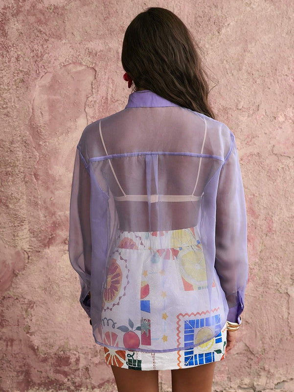Blusa transparente de manga larga con botones y panel de malla en la parte delantera, de unicolor, look casual de vacaciones para mujer