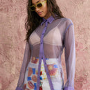 Blusa transparente de manga larga con botones y panel de malla en la parte delantera, de unicolor, look casual de vacaciones para mujer