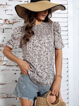 Blusa informal de verano para mujer con mangas de globo y estampado floral pequeno