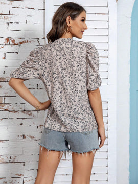 Blusa informal de verano para mujer con mangas de globo y estampado floral pequeno
