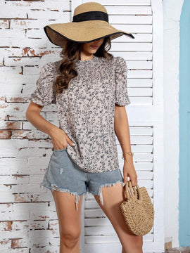 Blusa informal de verano para mujer con mangas de globo y estampado floral pequeno