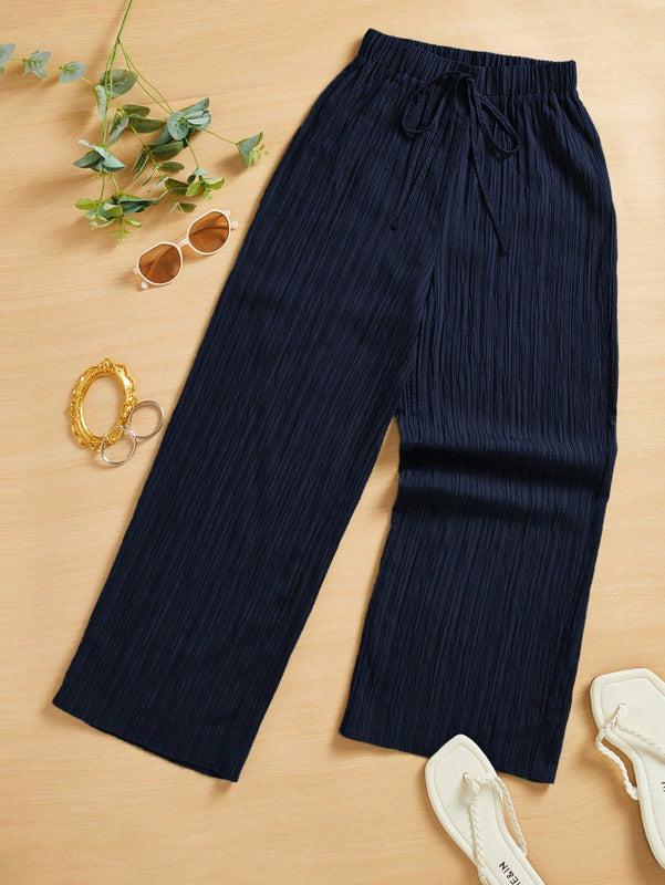 Essnce pantalones casuales de pernera ancha de 7/8 con textura y cintura anudada de unicolor para mujer